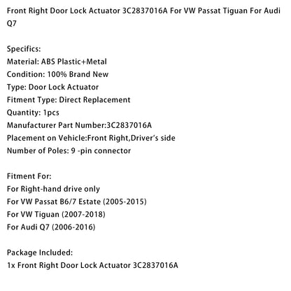 Attuatore serratura porta anteriore destra 3C2837016A per VW Passat Tiguan per Audi Q7