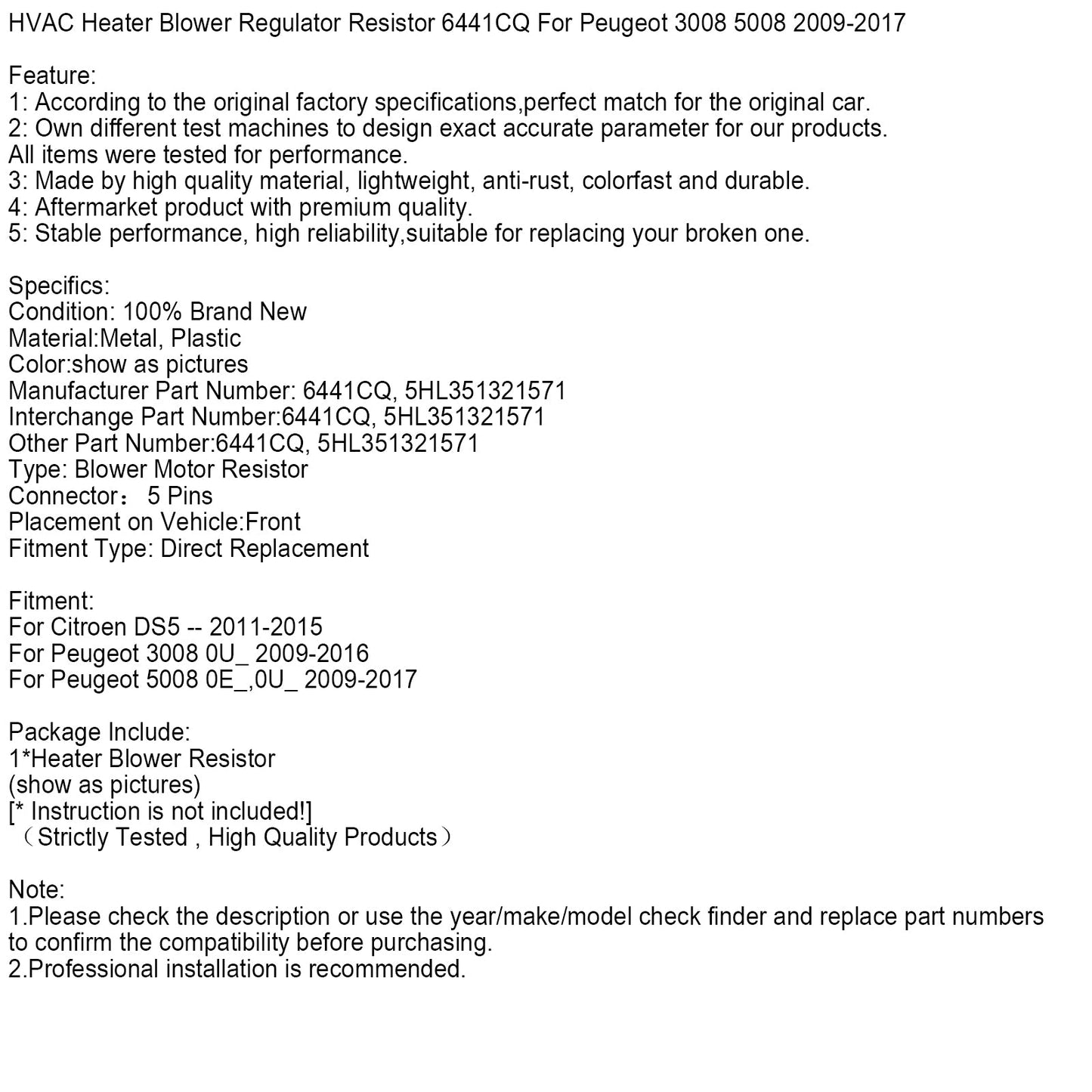 Resistenza regolatore ventola riscaldamento HVAC 6441CQ per Peugeot 3008 5008 2009-2017