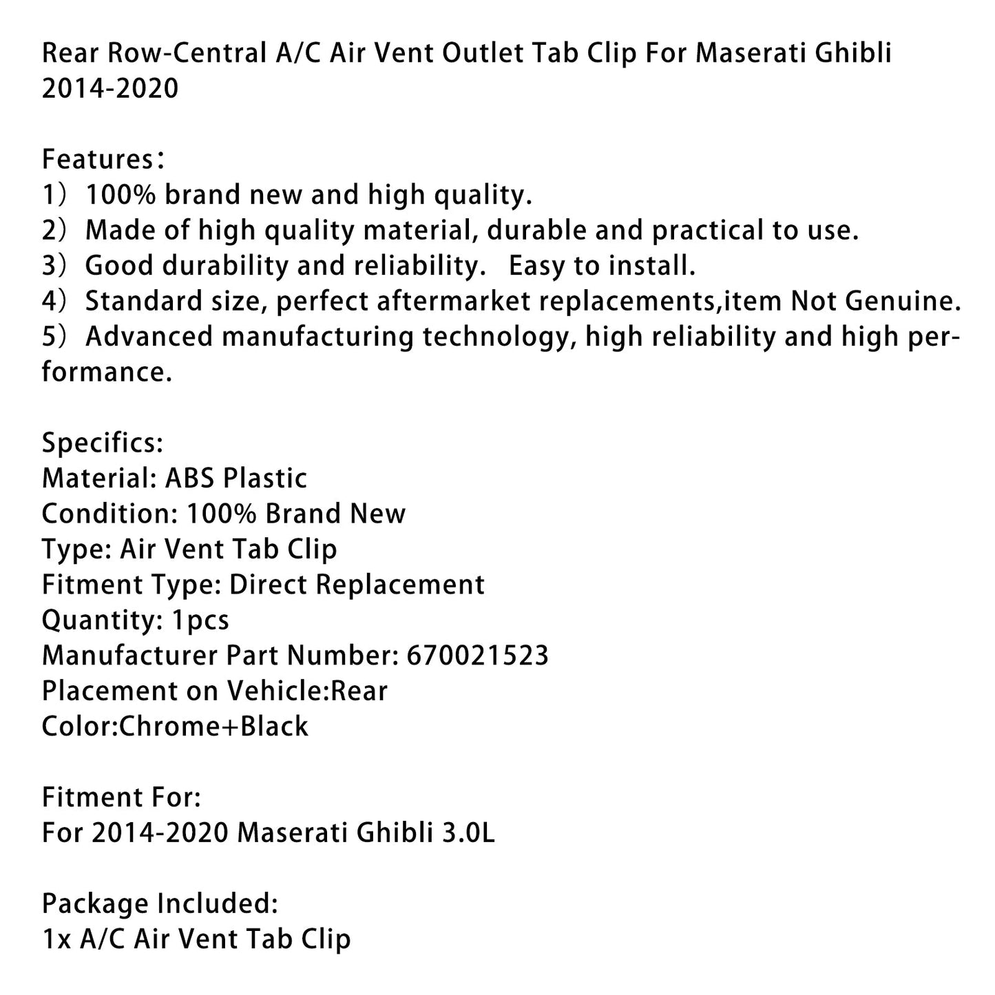 Clip per linguetta di uscita dell'aria condizionata centrale posteriore Maserati Ghibli 2014-2020 670021523