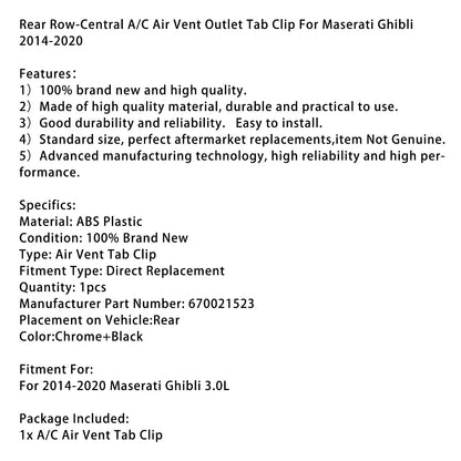 Clip per linguetta di uscita dell'aria condizionata centrale posteriore Maserati Ghibli 2014-2020 670021523