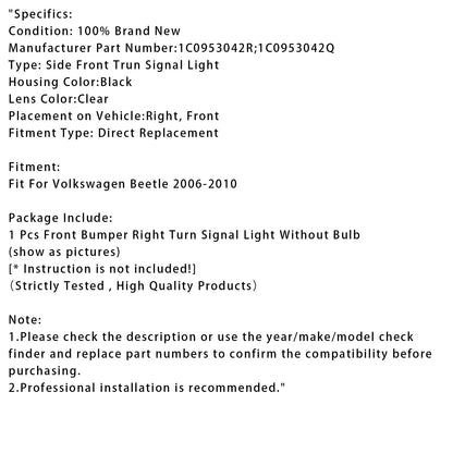 Volkswagen Maggiolino 2006-2010, 1 pezzo, luce di direzione destra per paraurti anteriore 1C0953042R