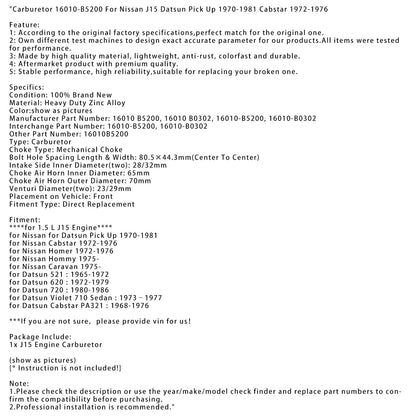 Carburatore 16010-B5200 per Nissan J15 Datsun Pick Up 1970-1981 Cabstar 1972-1976