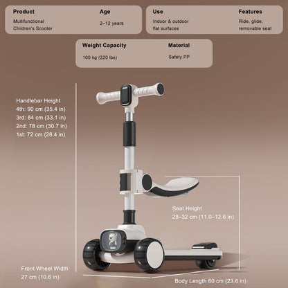 Sedile pieghevole per scooter per bambini 2 in 1, barra pieghevole regolabile a 3 ruote, nera