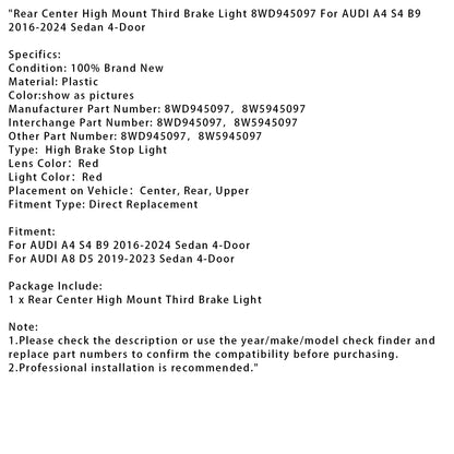 Terza luce freno posteriore centrale alta 8WD945097 per AUDI A4 S4 B9 2016-2024