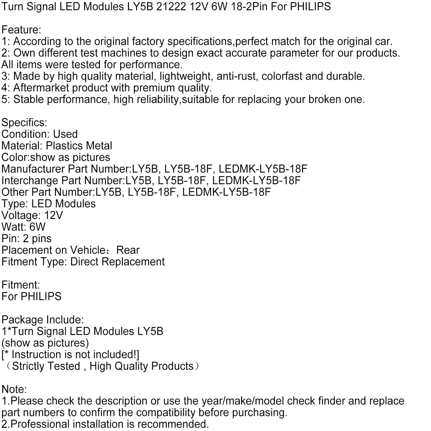 Moduli LED indicatori di direzione LY5B 21222 12V 6W 18-2Pin per PHILIPS