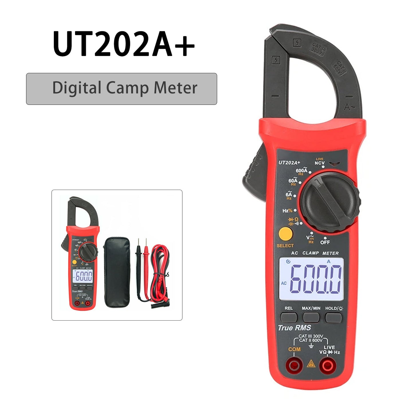 Pinza amperometrica digitale UT202A+, 6000 conteggi, selezione automatica della portata, True RMS, multimetro NCV.