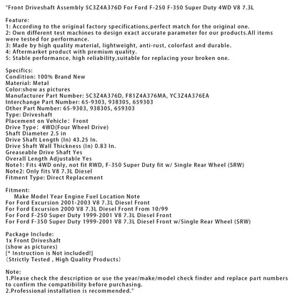 Ford Excursion V8 7.3L Diesel anteriore del 2000 dal 10/99 Gruppo albero di trasmissione anteriore 5C3Z4A376D F81Z4A376MA