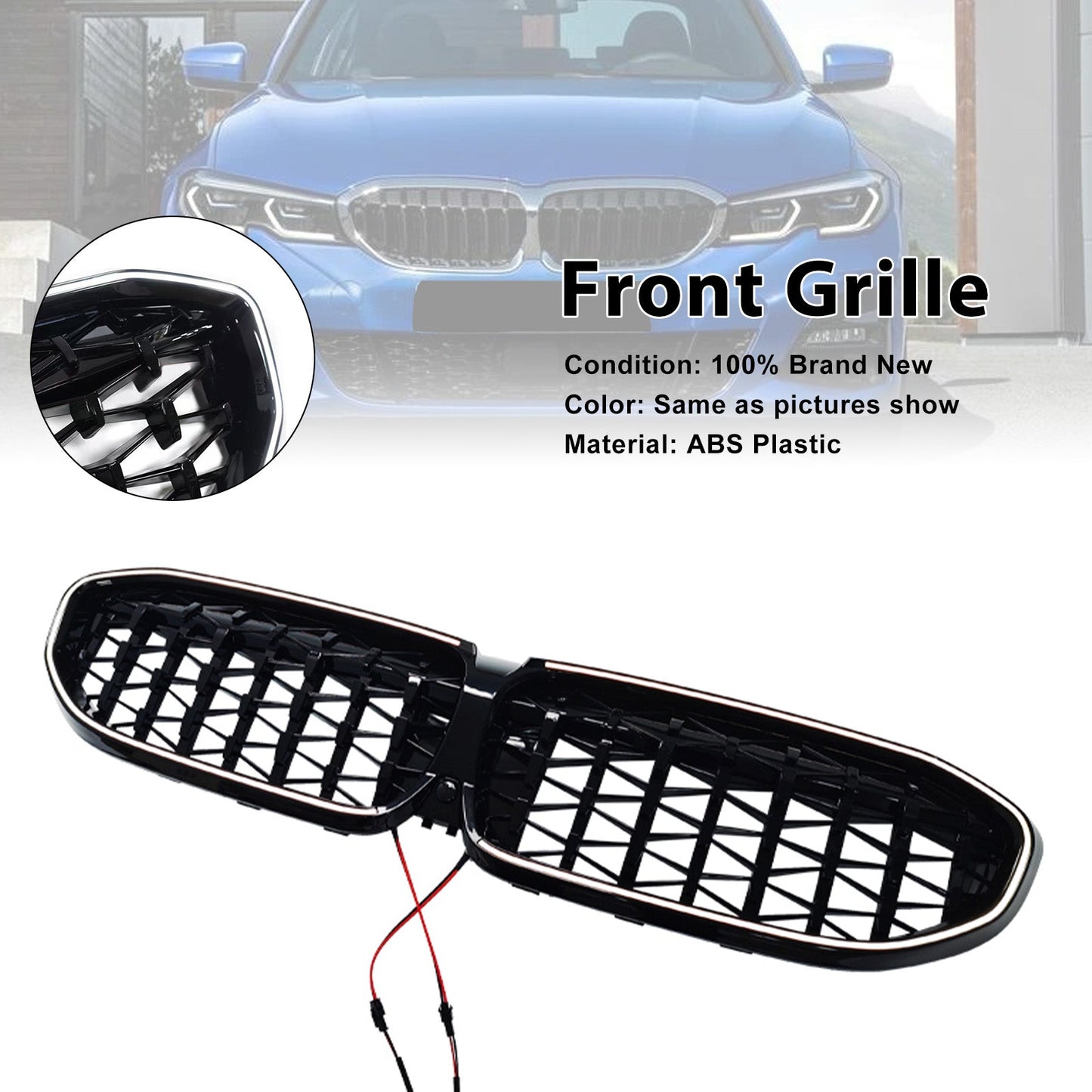 Griglia anteriore a doppio rene diamantata per BMW Serie 3 G20 2019-2022, codice 51138072085, colore nero.