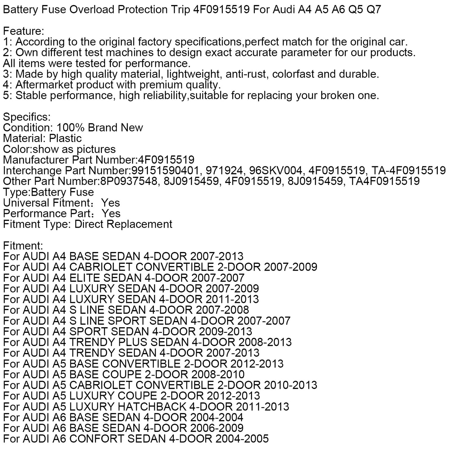Fusibile di protezione da sovraccarico della batteria 4F0915519 per Audi A4 A5 A6 Q5 Q7