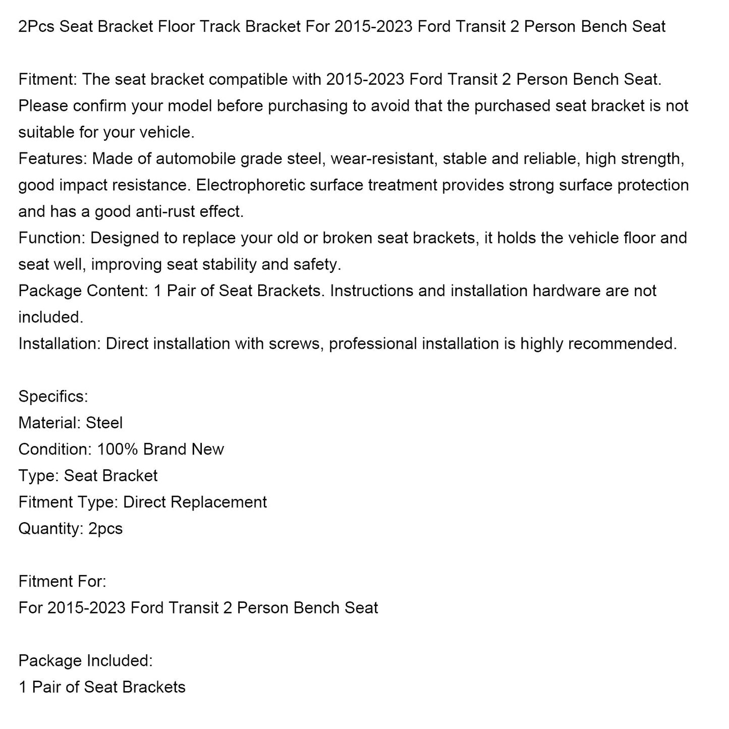 Staffa per binario da pavimento per sedile a panca da 2 posti per Ford Transit 2015-2023, 2 pezzi