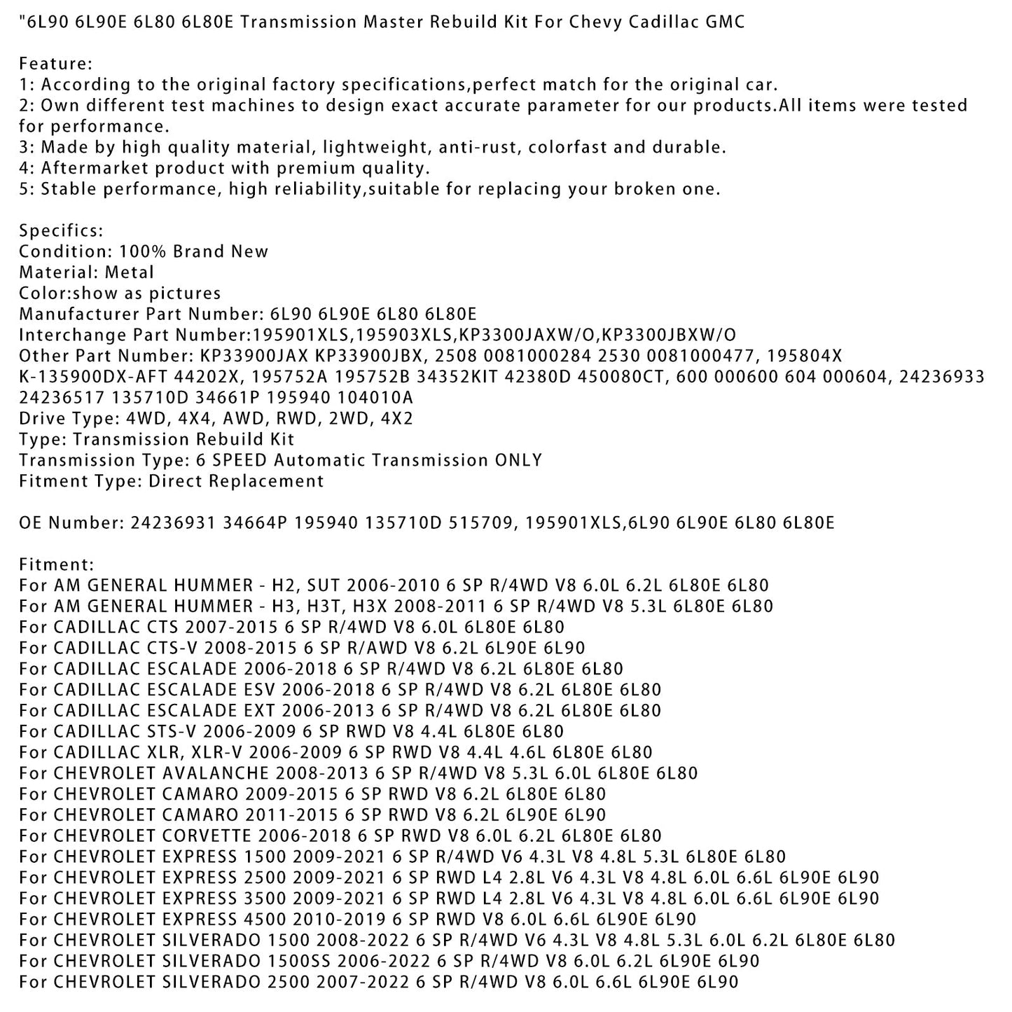 Ricostruzione del cambio principale CHEVROLET VAN 2500 (FULL SIZE) 2010-2011, 6 marce, cambio automatico/4 ruote motrici, V8, 4,8 l, 6,0 l, 6,6 l, 6L90E, 6L80, 6L80E