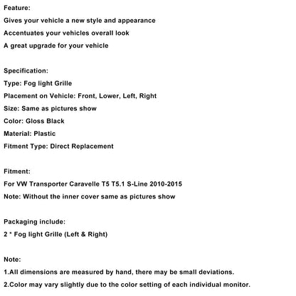 Griglia di copertura della luce fendinebbia S-line VW T5 T5.1 2010-2015, nero lucido