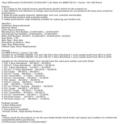04/2015-02/2017 BMW Serie 1 F32 Coupé Differenziale posteriore 33107616972 33107616971 Rapporto 2,81