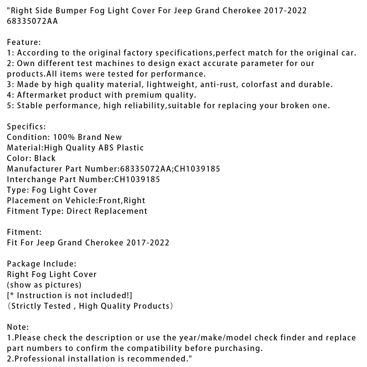 Copertura fendinebbia paraurti lato destro Jeep Grand Cherokee 2017-2022 68335072AA