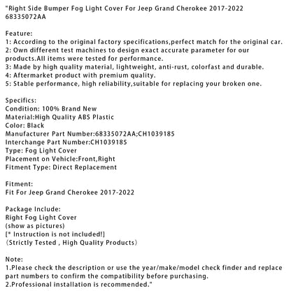 Copertura fendinebbia paraurti lato destro Jeep Grand Cherokee 2017-2022 68335072AA