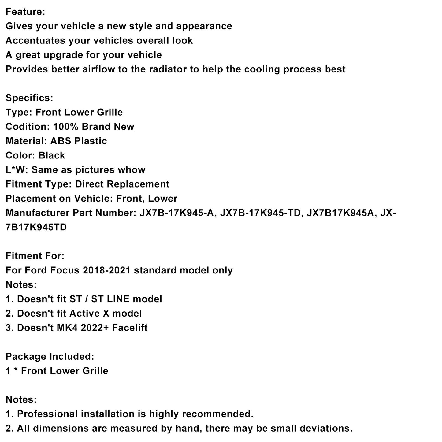 Griglia inferiore paraurti anteriore Ford Focus MK4 ST Style 2018-2021, nera