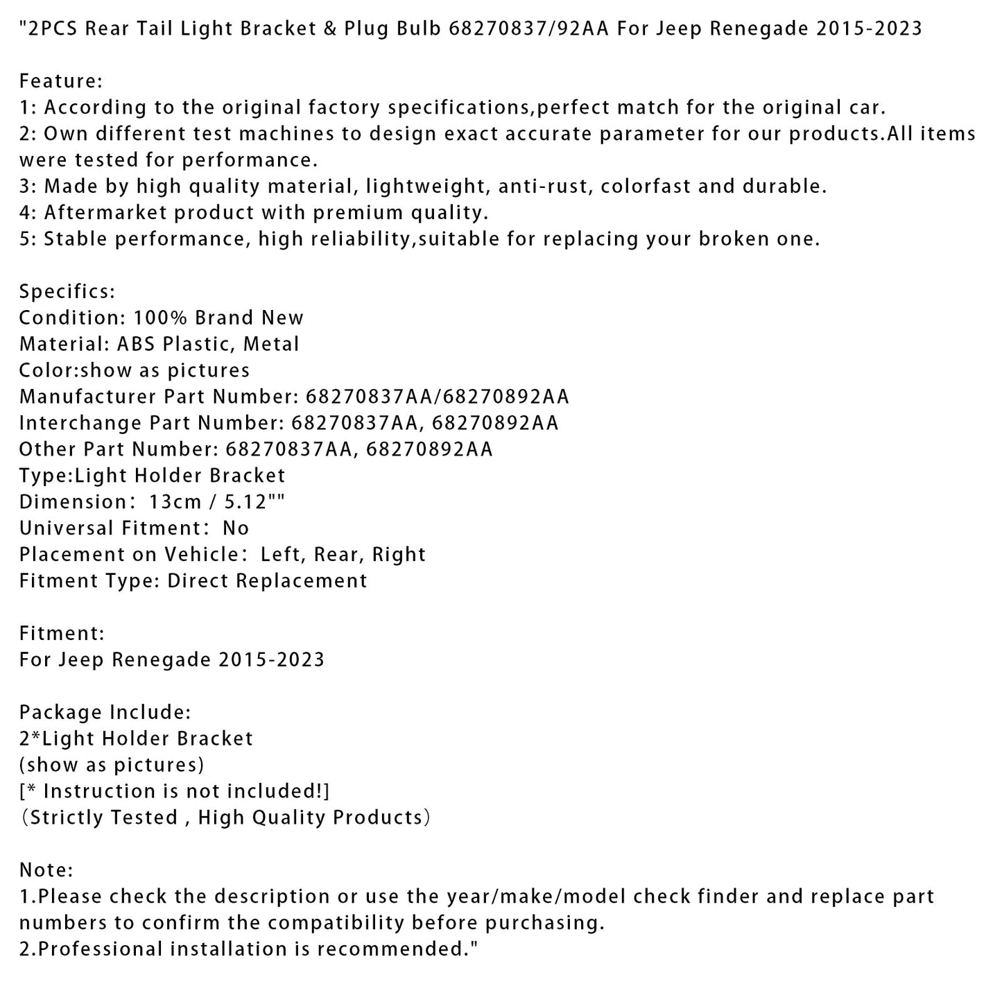 Supporto e lampadina per fanale posteriore Jeep Renegade 2015-2023 (2 pezzi) 68270837/92AA