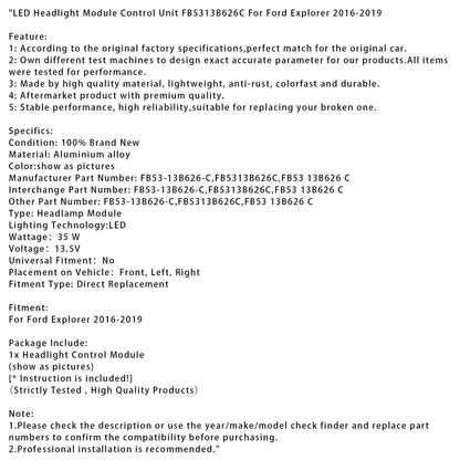 Unità di controllo del modulo fari a LED Ford Explorer 2016-2019 FB5313B626C