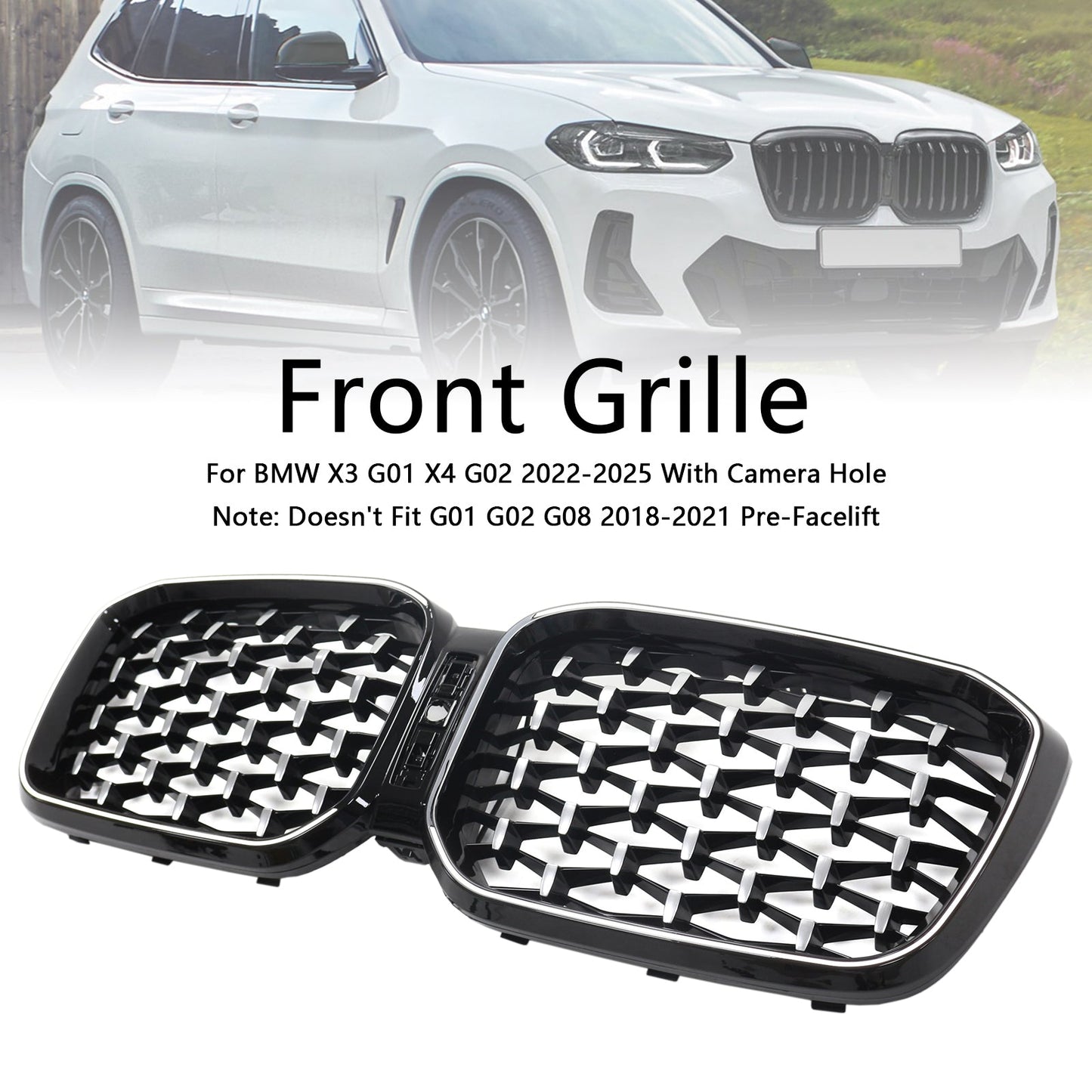 Griglia a rene per paraurti anteriore diamantata BMW X3 G01 X4 G02 2022-2025 cromata