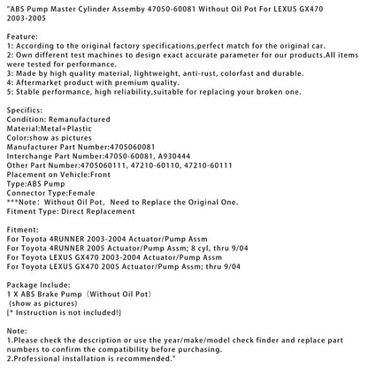 Gruppo attuatore/pompa Toyota LEXUS GX470 del 2005; fino a 9/04 Gruppo cilindro principale pompa ABS 47050-60081 4705060111