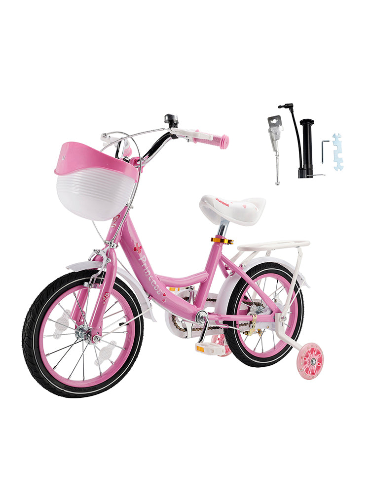 Bicicletta da principessa per bambini da 18" per ragazze, con ruote da allenamento rimovibili, rosa/viola