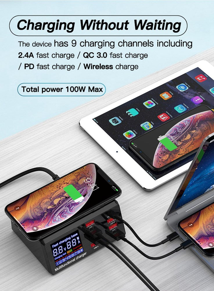 100W 8 Port USB QC3.0 PD Caricatore veloce Wireless Charging Station EU Plug