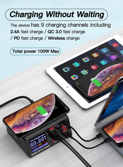 100W 8 Port USB QC3.0 PD Caricatore veloce Wireless Charging Station EU Plug