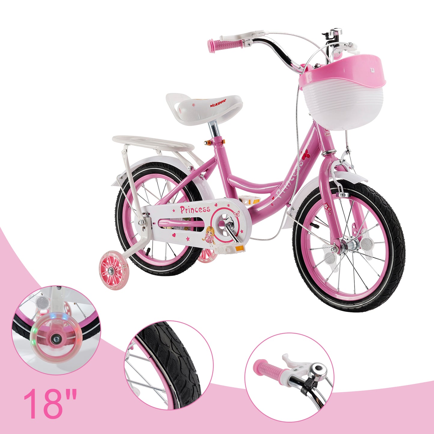 Bicicletta da principessa per bambini da 18" per ragazze, con ruote da allenamento rimovibili, rosa/viola