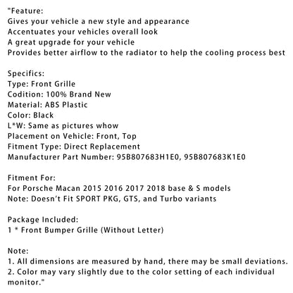 Griglia paraurti anteriore nera Porsche Macan 2015-2018 95B807683H1E0