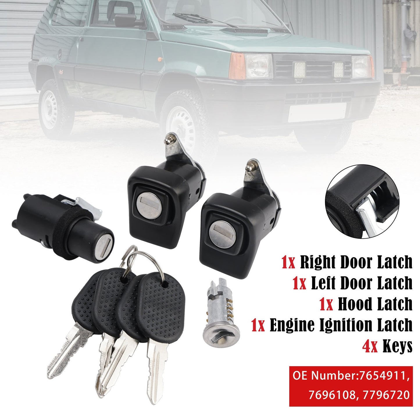 Kit Serratura Porta Destra e Sinistra + Cofano + Cilindro + 4 Chiavi Per Fiat Panda 85/104