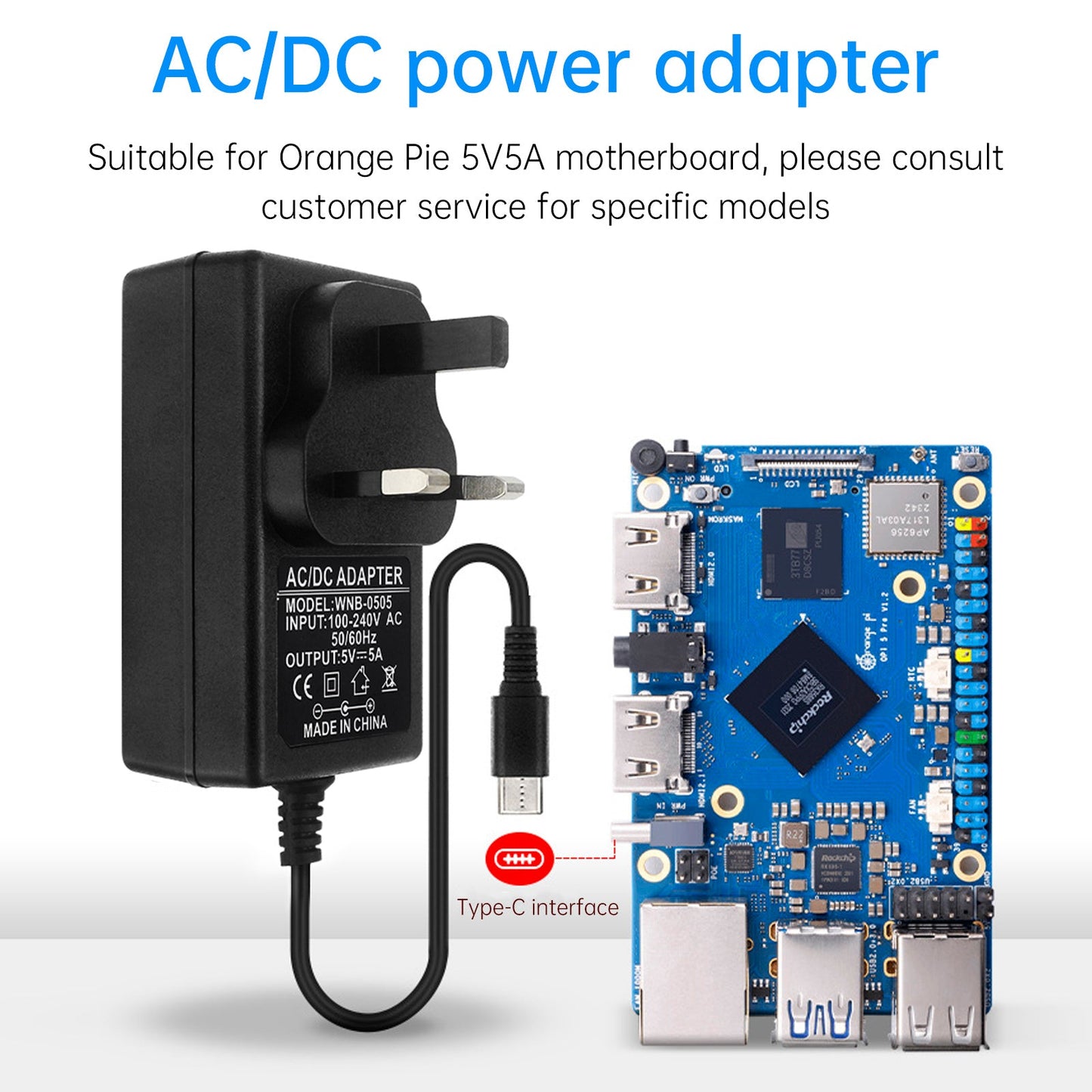 Adattatore di alimentazione Orange Pi 5Pro Tipo-C 5V5A Alimentatore OrangePi 5MAX/CM5 Spina USA