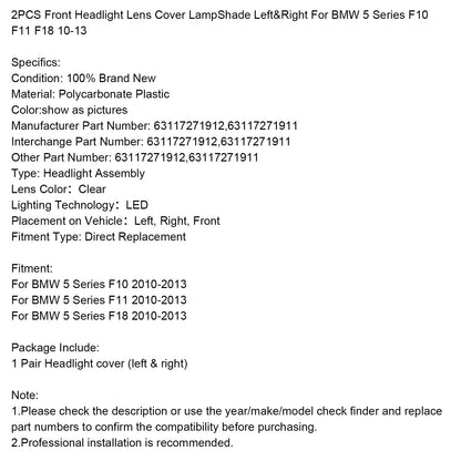 Copri-lente per fari anteriori BMW 5 F10 F11 F18 2010-2013, paralume sinistro e destro, 2 pezzi, 63117271912 63117271911