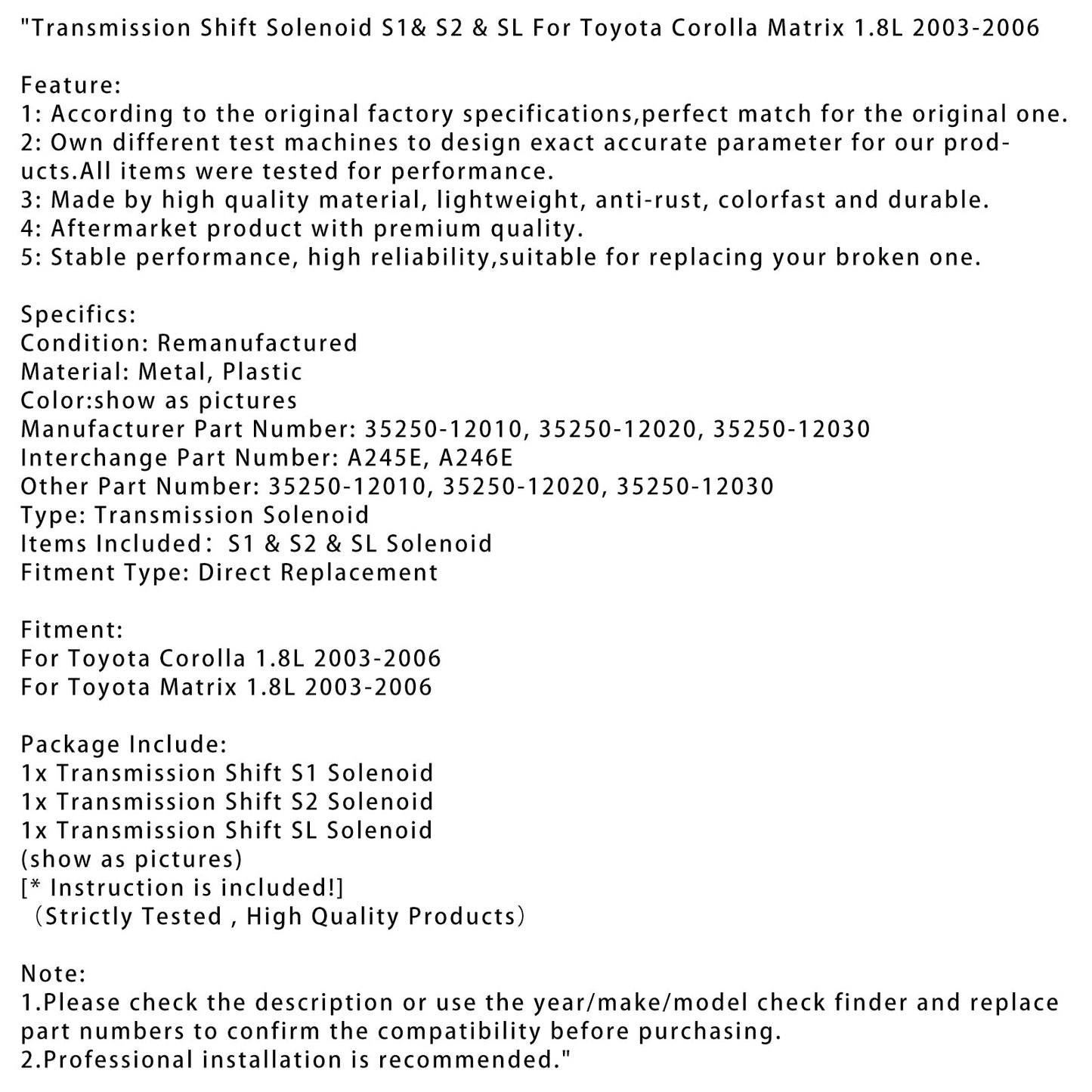 Solenoide del cambio Toyota Matrix 1.8L 2003-2006 S1&amp;S2&amp;SL 35250-12010 35250-12020