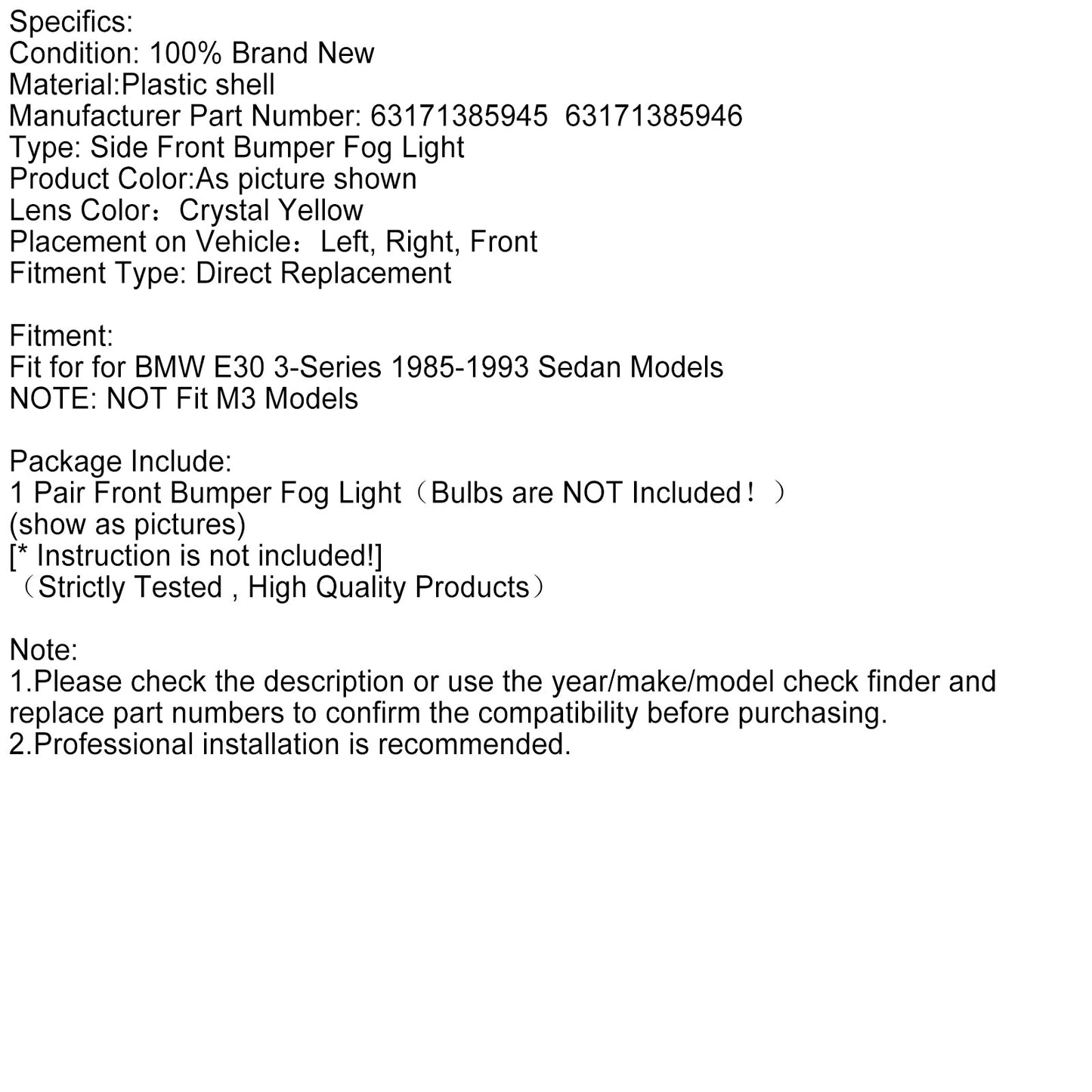 Coppia di fendinebbia anteriori sinistro e destro per BMW E30 Serie 3 1985-1993 senza fari 63171385945