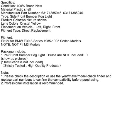 Coppia di fendinebbia anteriori sinistro e destro per BMW E30 Serie 3 1985-1993 senza fari 63171385945