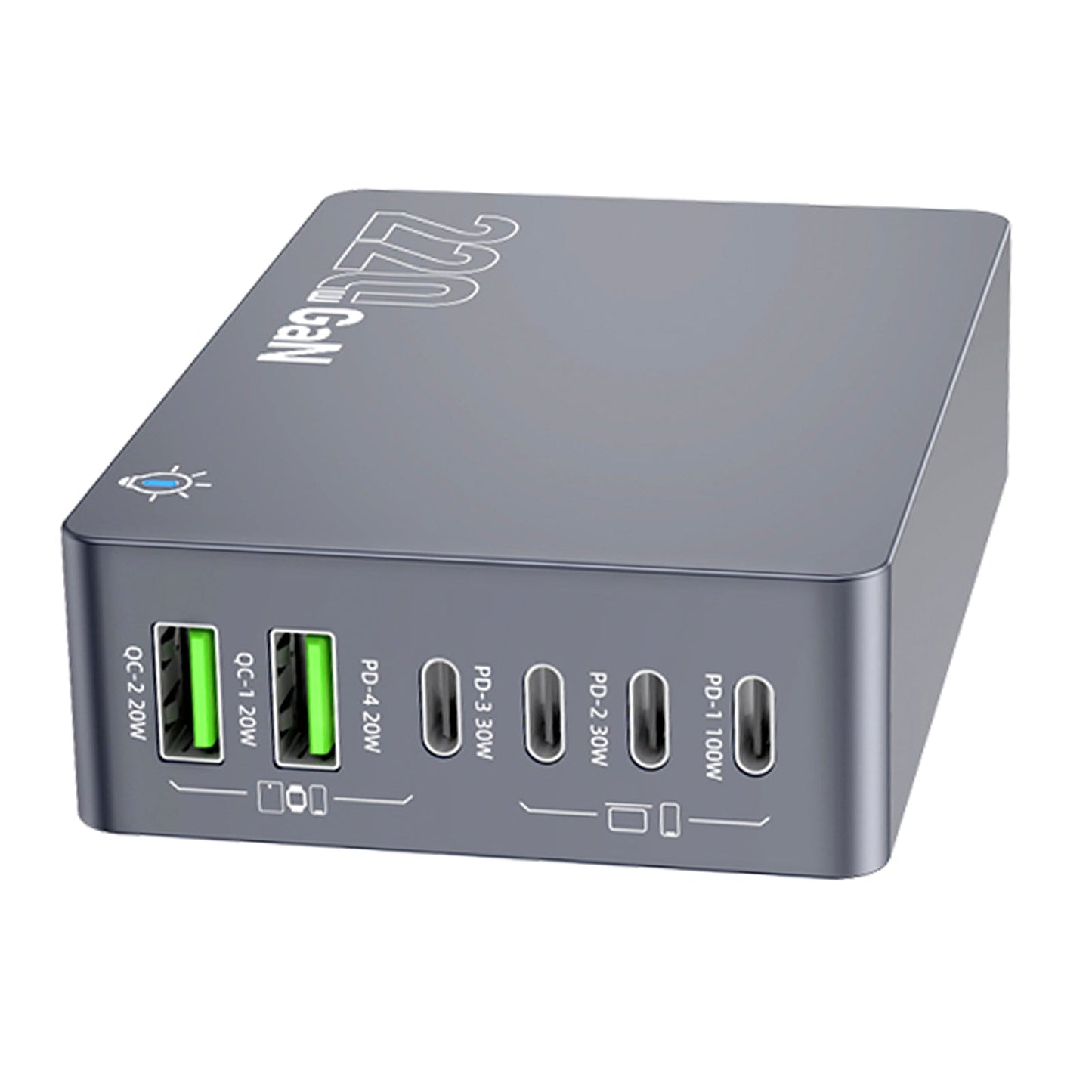 Stazione di ricarica da tavolo F8A Caricabatterie rapido USB a 6 porte Supporto di ricarica PD100W Caricabatterie intelligente Spina UE