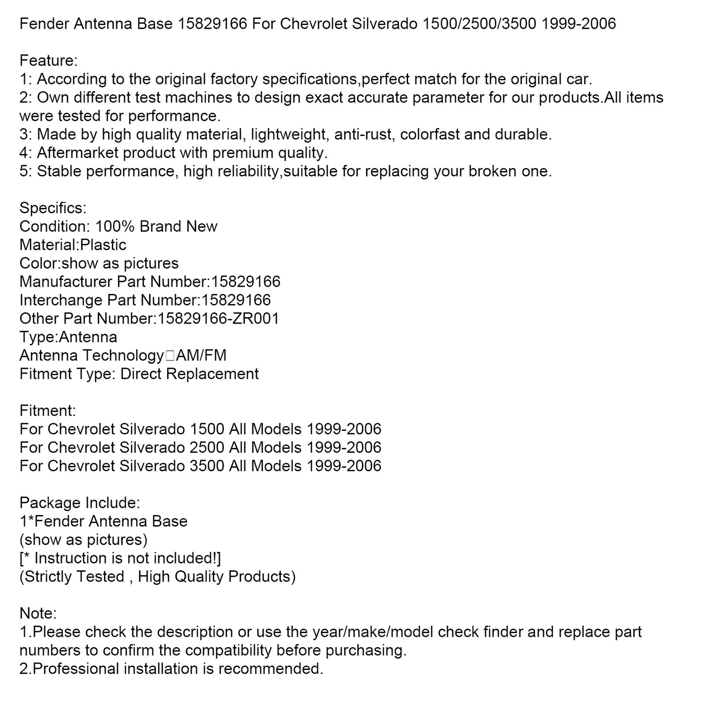 Base antenna parafango 15829166 per Chevrolet Silverado 1500/2500/3500 1999-2006
