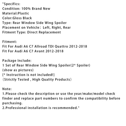 Audi A6 C7 Allroad Avant 2012-2018, coppia di spoiler laterali per lunotto posteriore, colore nero lucido