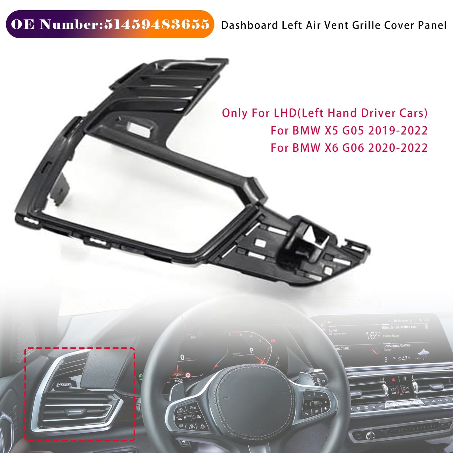 Pannello di copertura della griglia di ventilazione sinistra del cruscotto BMW X5 G05 2019-2022 51459483655