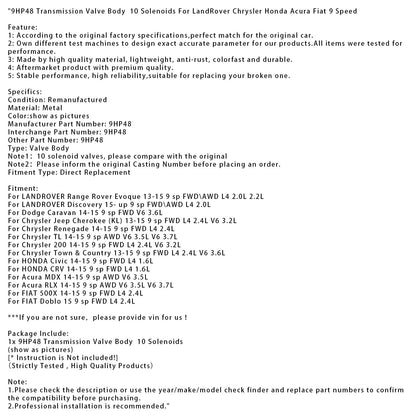 2013-2015 Chrysler Jeep Cherokee (KL) FWD L4 2.4L V6 3.2L 9HP48 Corpo valvola trasmissione 10 solenoidi 9 velocità