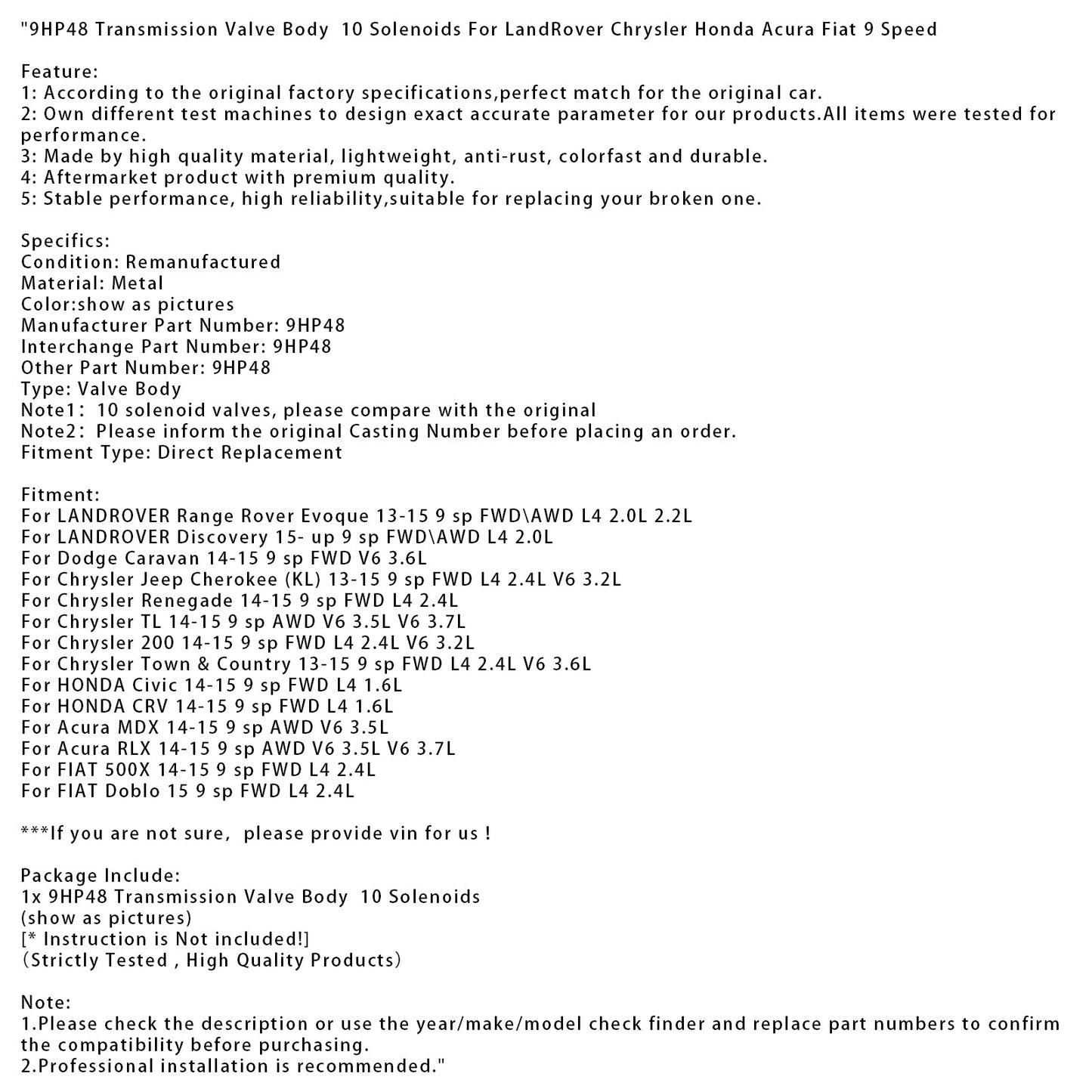 2013-2015 LANDROVER Range Rover Evoque FWDAWD L4 2.0L 2.2L 9HP48 Corpo valvola trasmissione 10 solenoidi 9 velocità