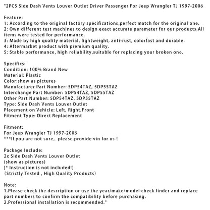 Prese d'aria laterali per Jeep Wrangler TJ 1997-2006, 2 pezzi, per conducente e passeggero