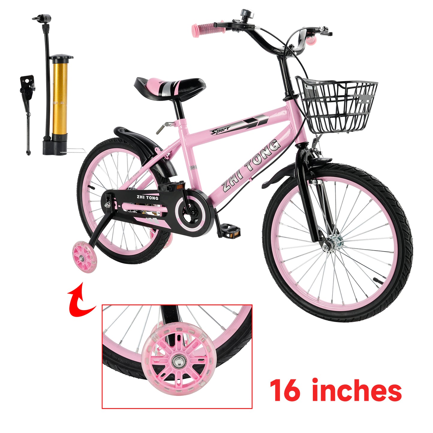 16 pollici di bici da bici per bambini sedile regolabile in bicicletta con ruote ausiliarie