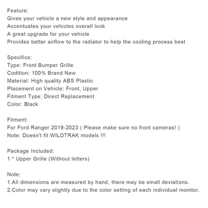 Griglia paraurti anteriore Ford Ranger T8 2019-2023 nera