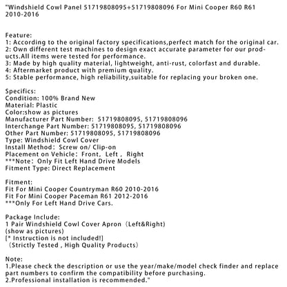 Pannello parabrezza Mini Cooper Paceman R61 2012-2016 51719808095+51719808096