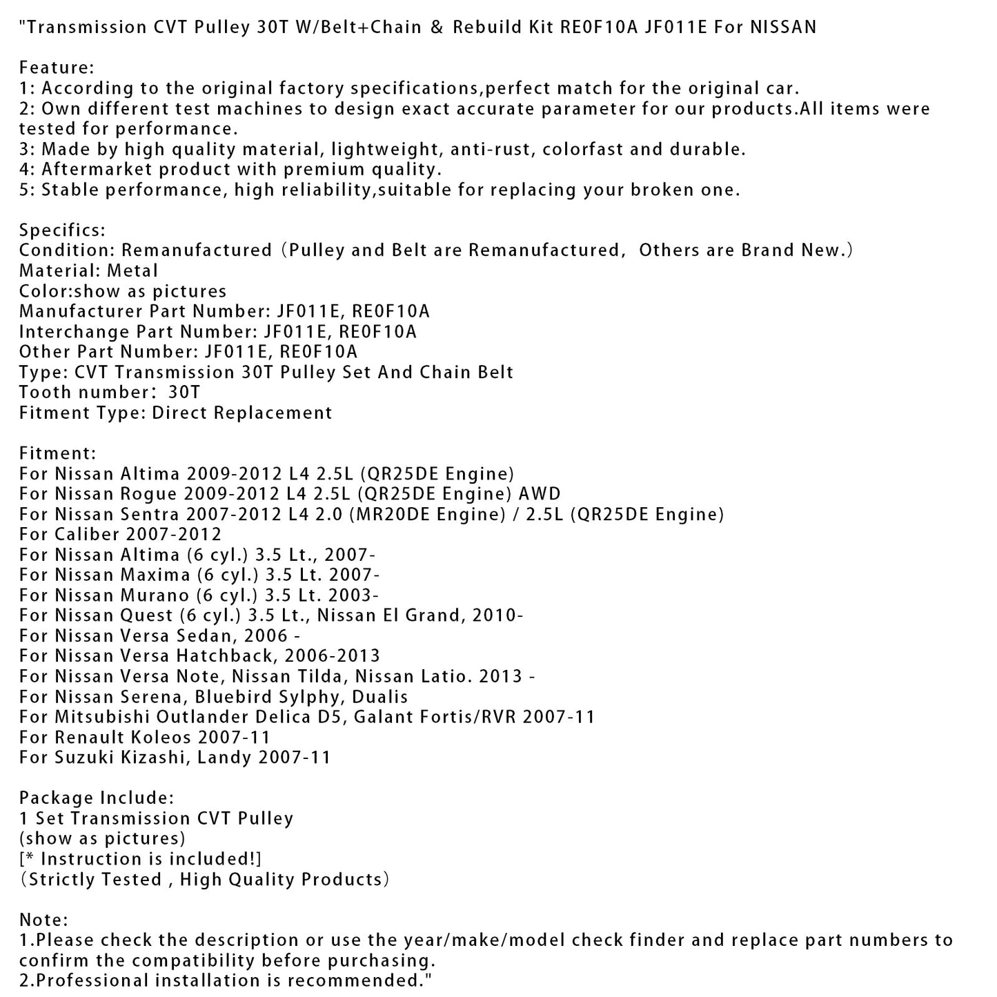 2013- Nissan Versa Note, Nissan Tilda, Nissan Latio Trasmissione CVT Puleggia 30T con Cinghia+Catena e Kit di Revisione RE0F10A JF011E