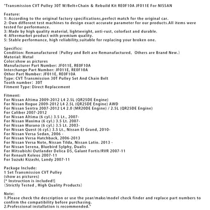 2013- Nissan Versa Note, Nissan Tilda, Nissan Latio Trasmissione CVT Puleggia 30T con Cinghia+Catena e Kit di Revisione RE0F10A JF011E
