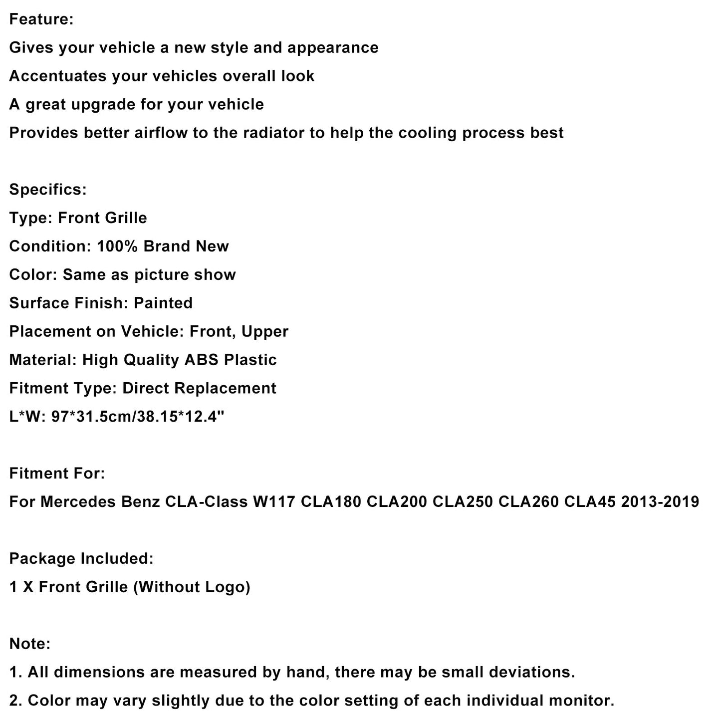 Griglia paraurti anteriore Mercedes Benz CLA-CLASS W117 CLA250 GT Style 2013-2019