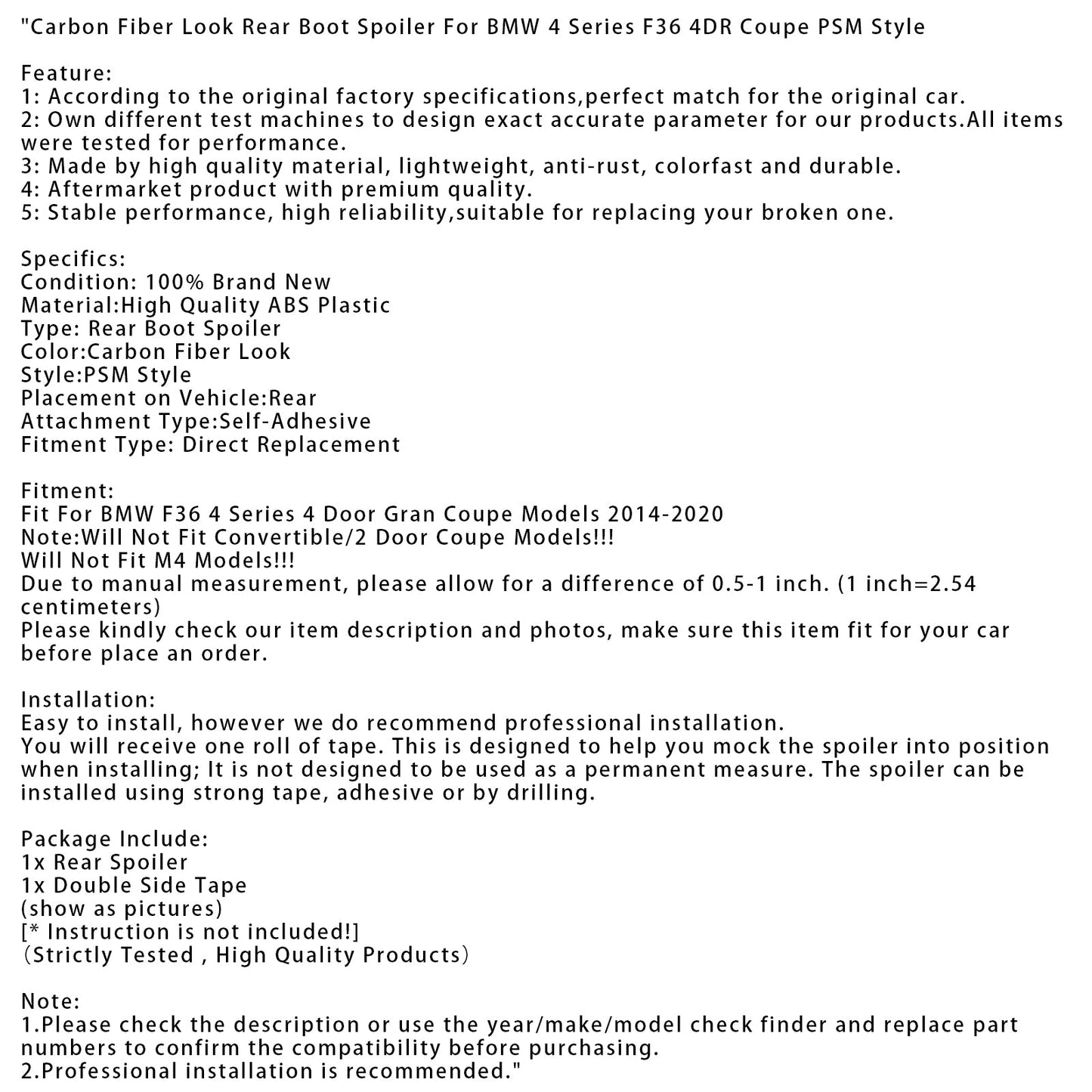 Spoiler posteriore in fibra di carbonio per BMW Serie 4 F36 4DR Coupé PSM Style