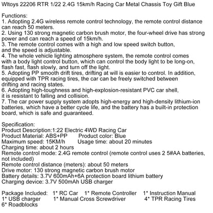 Wltoys 22206 RTR 1/22 2.4G 15km/h Auto da corsa con telaio in metallo Giocattolo regalo Blu
